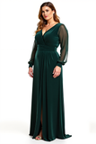 A Line Pine V Neck Long Sleeves Long Mother Of Bride Dress