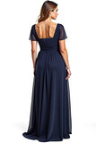 A Line Navy Chiffon Mother of the Bride Dress with Short Sleeves