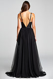 A Line Tulle Spaghetti Straps Black Tie Dress