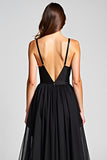 A Line Tulle Spaghetti Straps Black Tie Dress