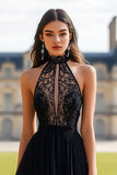 Black Halter A Line Lace Tulle Prom Dress