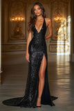 Sparkly Deep V-Neck Black Sheath Prom Dress