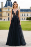 Black A Line Deep V-Neck Tulle Lace Prom Dress