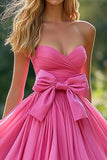 Pink A Line Strapless Tiered Ruffled Taffeta Prom Dress