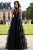 Black A Line Halter Tulle Lace Sleeveless Prom Dress