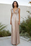 Champagne Metallic Pleated V-neck Sheath Long Formal Dress