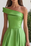 Green Satin One Shoulder A-Line Long Formal Dress