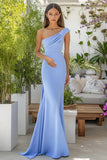 Sky Blue One Shoulder Matte Satin Mermaid Long Formal Dress