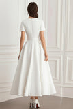 Ivory Round Neck Jacquard A-Line Midi Formal Dress with Short Sleeves