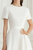 Ivory Round Neck Jacquard A-Line Midi Formal Dress with Short Sleeves