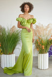 Lemon Green Satin Off the Shoulder Mermaid Long Formal Dress