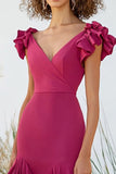 Fuchsia High Low V-neck Sheath Taffeta Formal Dress with Ruffles