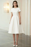 Ivory Jacquard Round Neck A-Line Midi Formal Dress with Short Sleeves