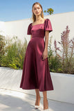 Burgundy Satin Square Neck A-Line Tea Length Formal Dress with Short Sleeves