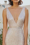 Champagne Metallic Deep V-neck Sheath Ankle Length Formal Dress