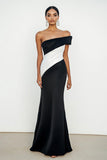 Black Strapless Matte Satin Mermaid Ruched Long Formal Dress