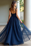 Navy Spaghetti Straps A Line Lace Long Prom Dress