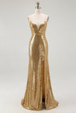 Sparkly Gold Sequins Strapless Mermaid Formal Dress with Slit