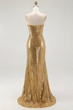 Sparkly Gold Sequins Strapless Mermaid Formal Dress with Slit