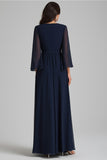 A Line Navy V-Neck Chiffon Formal Dress