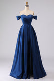 Plus Size Navy Off The Shoulder Satin Long Formal Dress with Slit