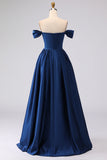Off the Shoulder Navy Satin A-Line Long Prom Dress with Slit