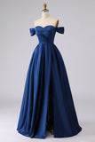 Off the Shoulder Navy Satin A-Line Long Prom Dress with Slit