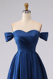 Plus Size Navy Off The Shoulder Satin Long Formal Dress with Slit