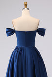 Plus Size Navy Off The Shoulder Satin Long Formal Dress with Slit