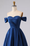 Plus Size Navy Off The Shoulder Satin Long Formal Dress with Slit
