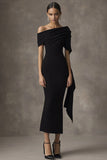 Sheath Off the Shoulder Ruched Black Tie Dress
