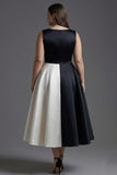 A Line Boat Neck Satin Black Tie Dress