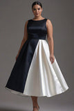 A Line Boat Neck Satin Black Tie Dress