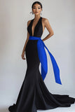 Deep V-Neck Mermaid Satin Black Tie Dress with Blue Sash