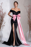 Off the Shoulder Satin Slit Mermaid Black Tie Dress with Pink Bowknot