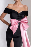 Off the Shoulder Satin Slit Mermaid Black Tie Dress with Pink Bowknot