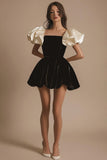 A Line Short Sleeves Pleated Velvet Short Black Tie Dress