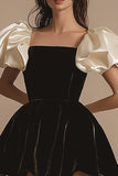 A Line Short Sleeves Pleated Velvet Short Black Tie Dress