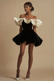 A Line Velvet Off The Shoulder Pleated Short Black Tie Dress