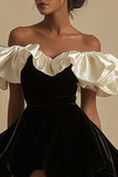 A Line Velvet Off The Shoulder Pleated Short Black Tie Dress