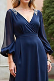 A Line Navy V-Neck Chiffon Mother of the Bride Dress with Long Sleeves