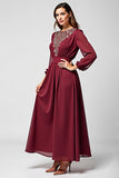 A Line Burgundy Chiffon Mother of the Bride Dress with Long Sleeves