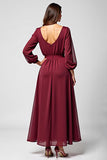 A Line Burgundy Chiffon Mother of the Bride Dress with Long Sleeves