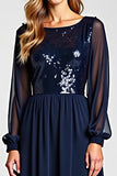 A Line Navy Sequined Chiffon Mother of the Bride Dress with Long Sleeves