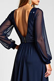 A Line Navy Sequined Chiffon Mother of the Bride Dress with Long Sleeves