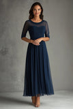 Navy Beaded A Line Boat Neck Long Choir Dress with Half Sleeves
