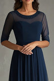 Navy Beaded A Line Boat Neck Long Choir Dress with Half Sleeves