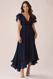 Navy Chiffon A-Line V-Neck Choir Dress with Flutter Sleeves