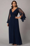 Navy A Line Beaded Chiffon Choir Dress with 3/4 Sleeves