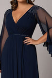 Navy A Line Beaded Chiffon Choir Dress with 3/4 Sleeves